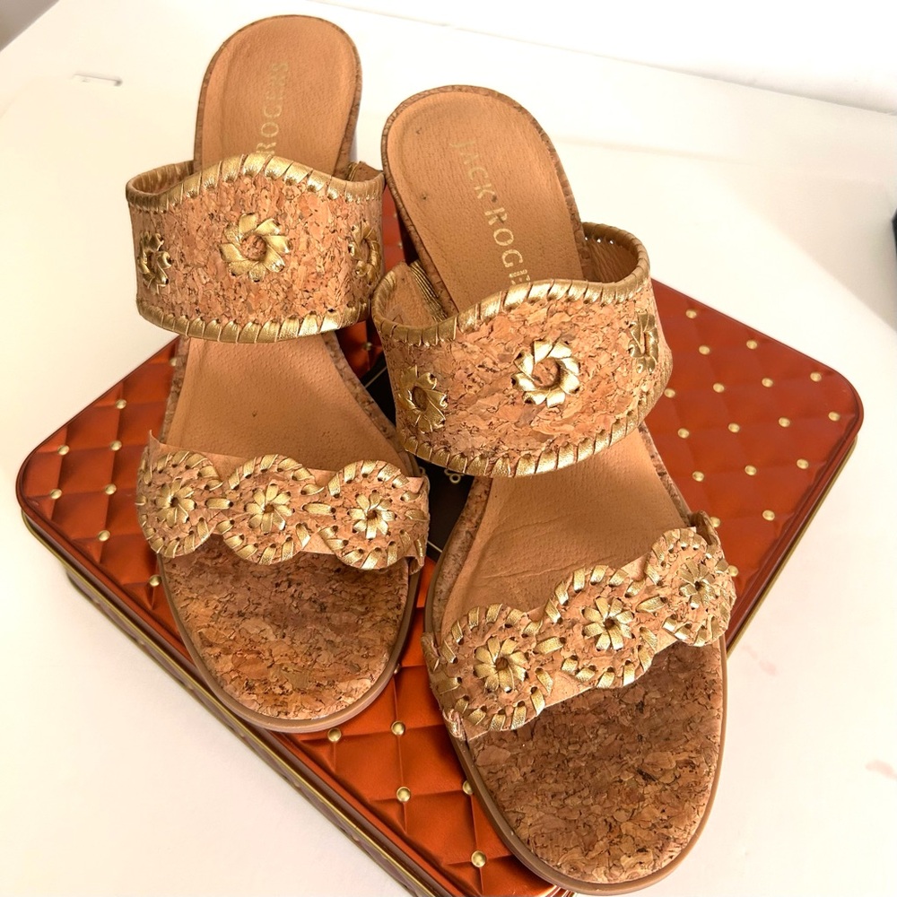 🌟Jack Rogers Cork & leather Whipstitch “Mid Caroline” Summer Must Have! EUC
